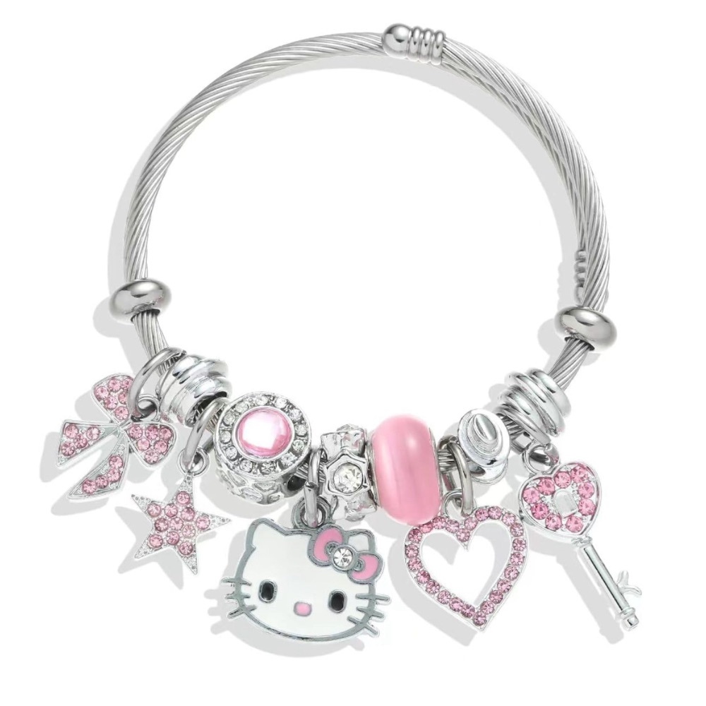 🩷 New Kawaii Pink Heart Kitty Charm Bracelet, Anime Cartoon Crystal